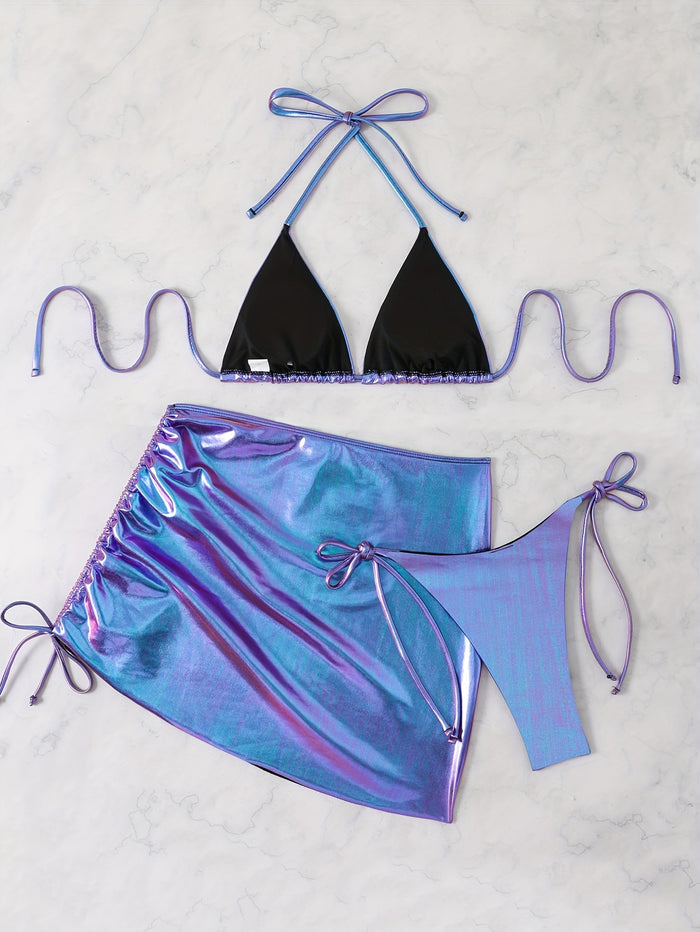 UNICORN Split Bikini Halter Neck Tie-Back Short Skirt Three-Piece Swimsuit s m l xl