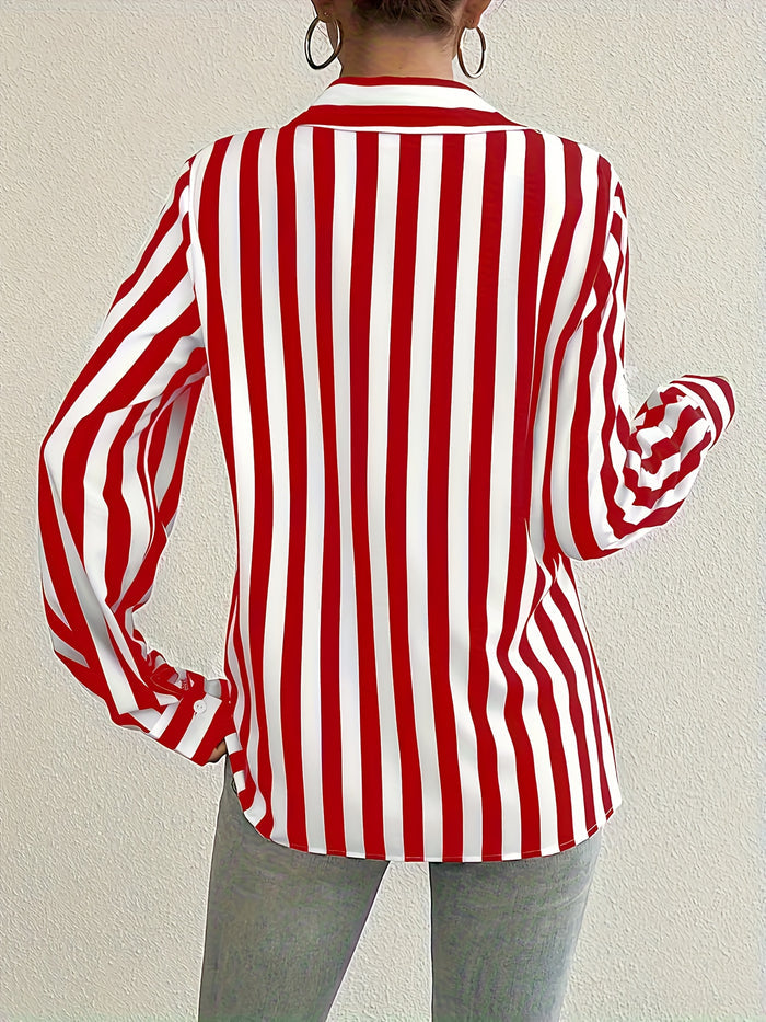 UNICORN Striped Button-Front Shirt, Elegant Long Sleeve Collared Blouse for Women
