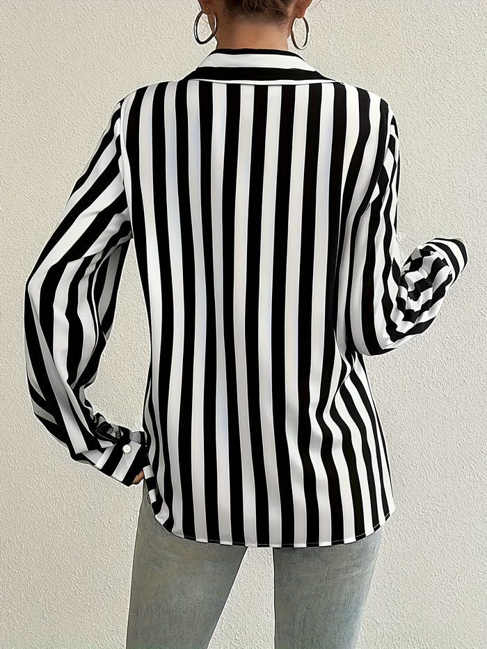 UNICORN Striped Button-Front Shirt, Elegant Long Sleeve Collared Blouse for Women