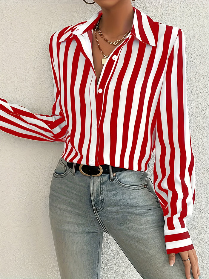 UNICORN Striped Button-Front Shirt, Elegant Long Sleeve Collared Blouse for Women