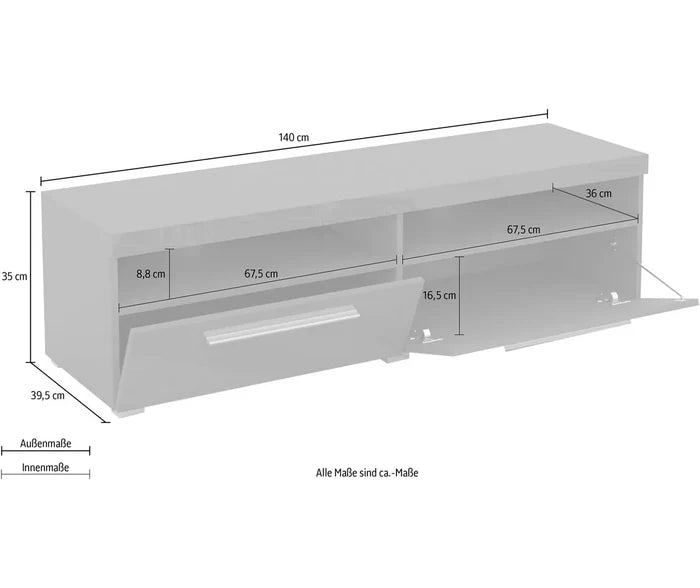 UNICORN TV cabinet modern Matt grey black matt white Width 140 cm Depth 39.5 cm Height 35 cm