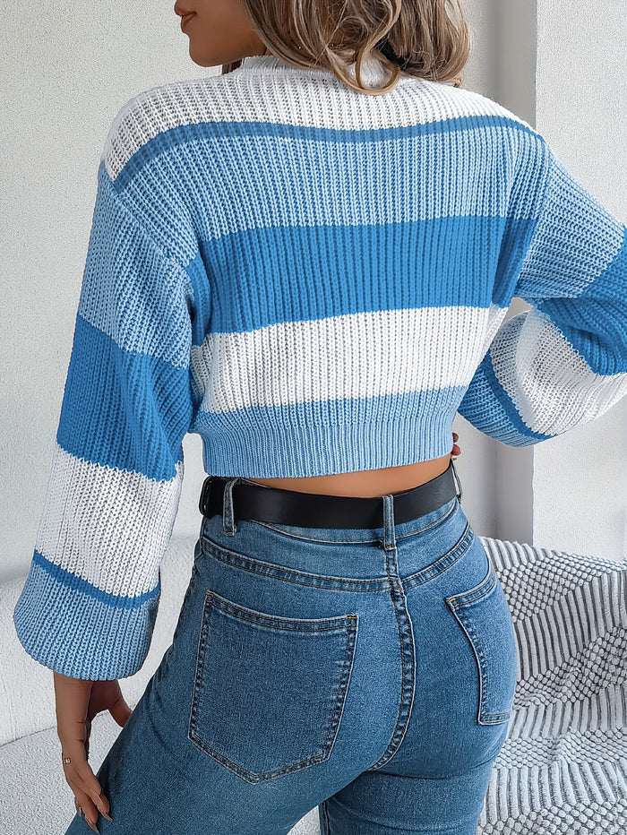 UNICORN Versatile Contrast Stripe Lantern Sleeve Crop Sweater Orange Pink Blue s m l xl