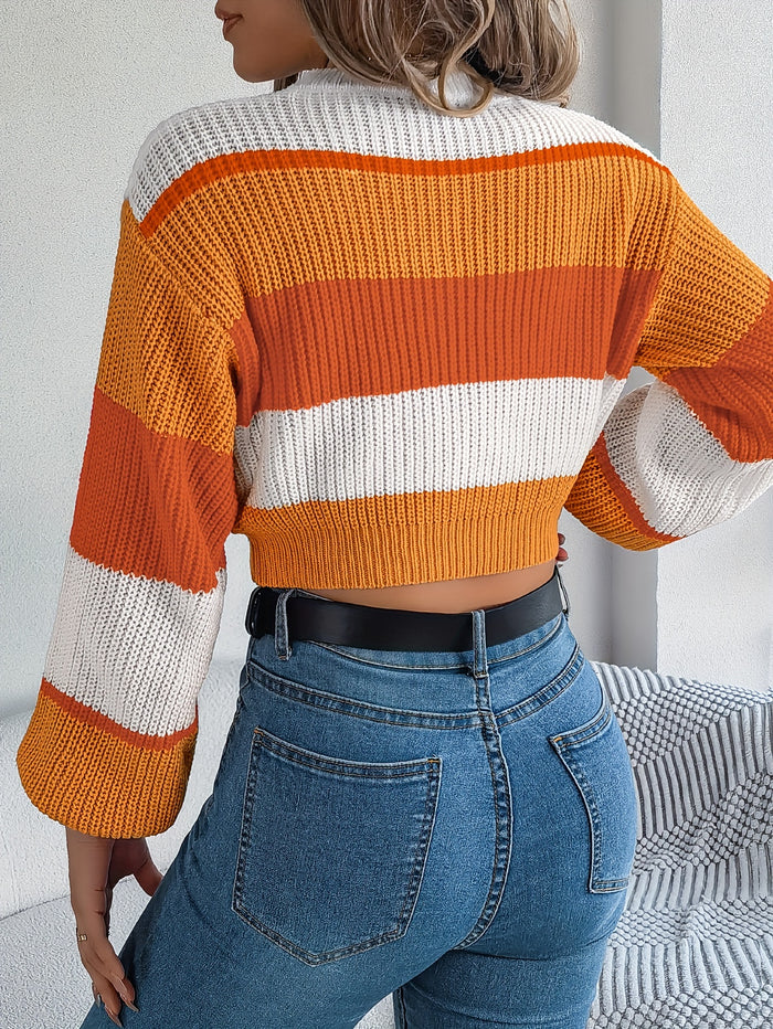 UNICORN Versatile Contrast Stripe Lantern Sleeve Crop Sweater Orange Pink Blue s m l xl