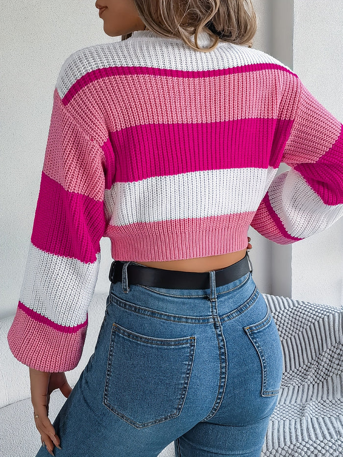 UNICORN Versatile Contrast Stripe Lantern Sleeve Crop Sweater Orange Pink Blue s m l xl