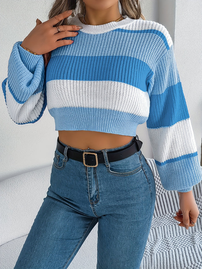 UNICORN Versatile Contrast Stripe Lantern Sleeve Crop Sweater Orange Pink Blue s m l xl
