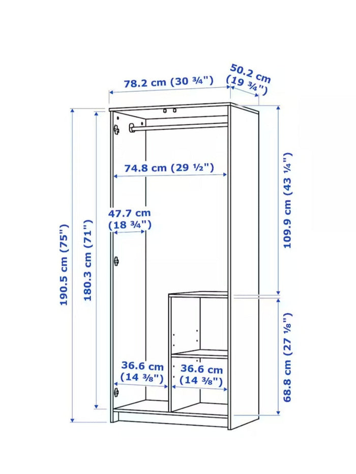 UNICORN Wardrobe wall cabinet wall unit white black Width 78 cm Depth 50 cm Height 190 cm