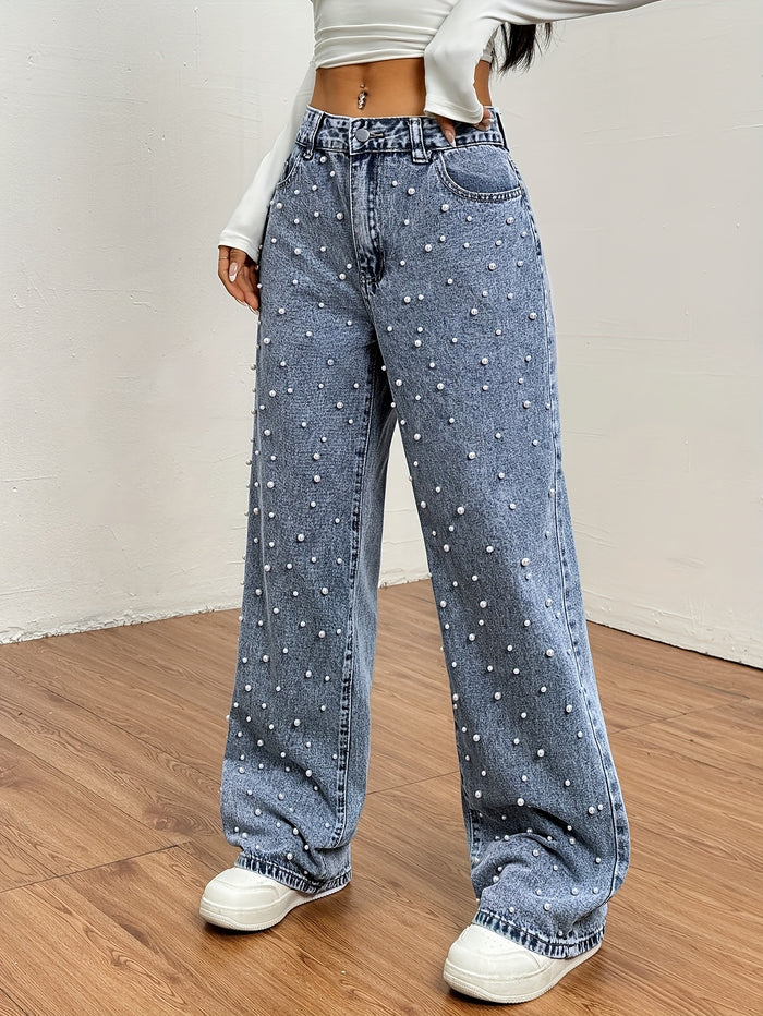 UNICORN Women Wide-Leg Jeans with Pearl Design Blue s m l xl