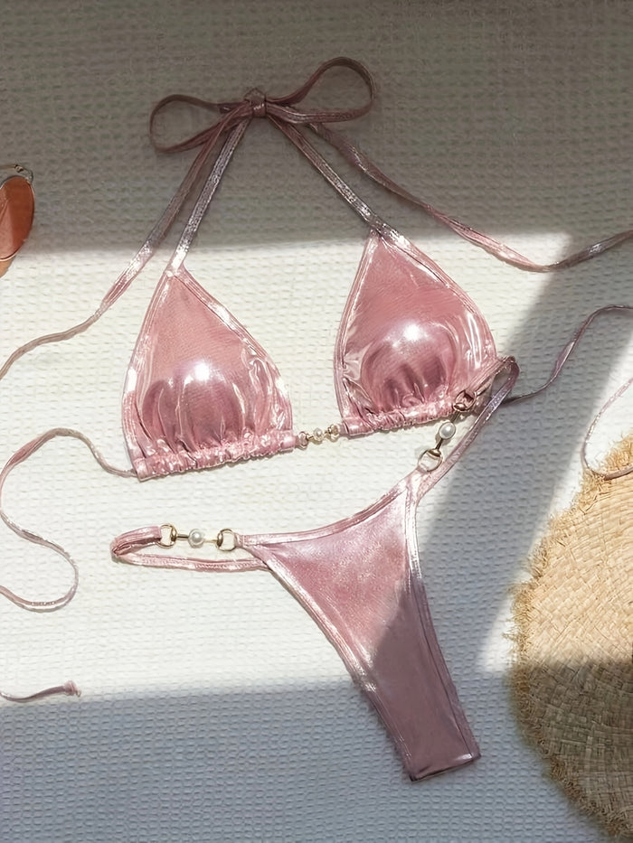 UNICORN Women's Bikini Set Sexy Triangle Top Shiny Pink Two-Piece Swimsuit s m l xl