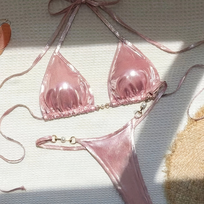 UNICORN Women's Bikini Set Sexy Triangle Top Shiny Pink Two-Piece Swimsuit s m l xl