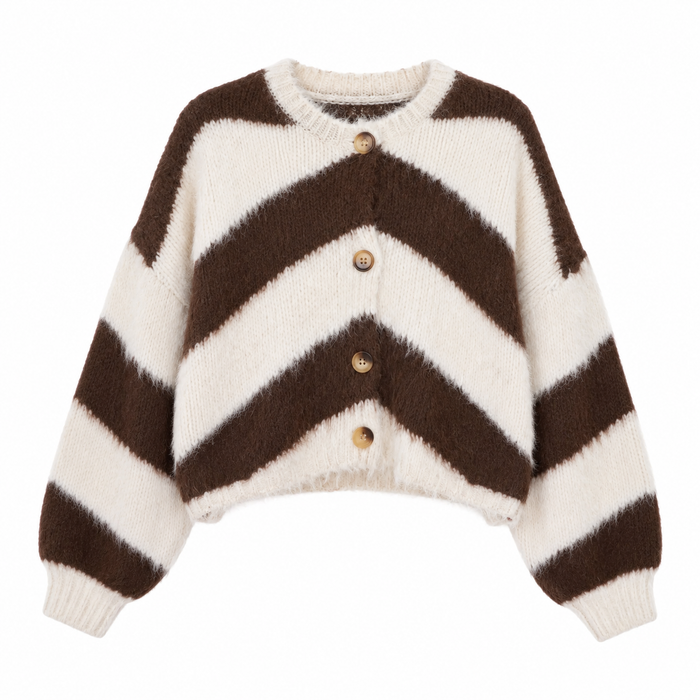UNICORN Women's Brown Chevron Cardigan Fluffy Knitted Cardigan in Cream and Brown s m l xl