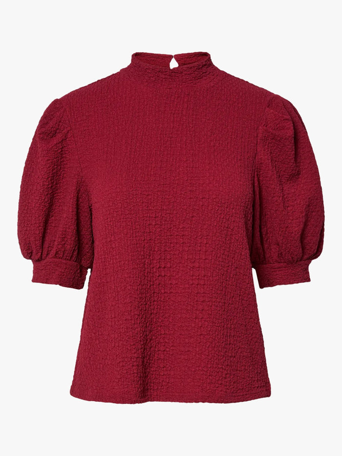 UNICORN Women's Burgundy Puff Sleeve Top – Elegant Blouse with Textured Fabric xs s m l xl