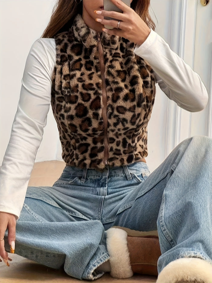 UNICORN Women'S Casual Sleeveless Short Jacket Leopard Print xs s m l