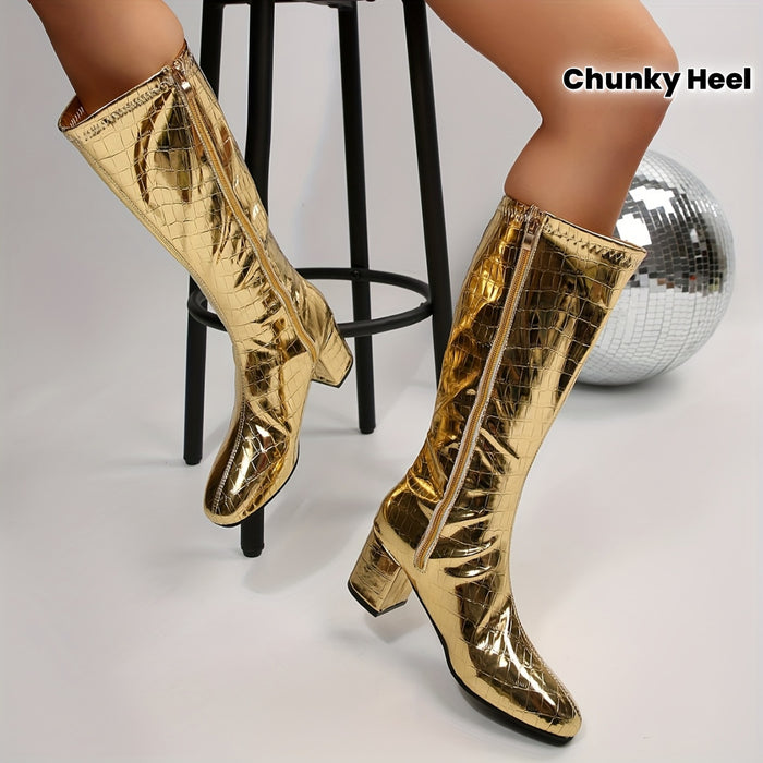 UNICORN Women's Crocodile Pattern Zipper Chunky Heel Rubber Sole Knee-High Boots