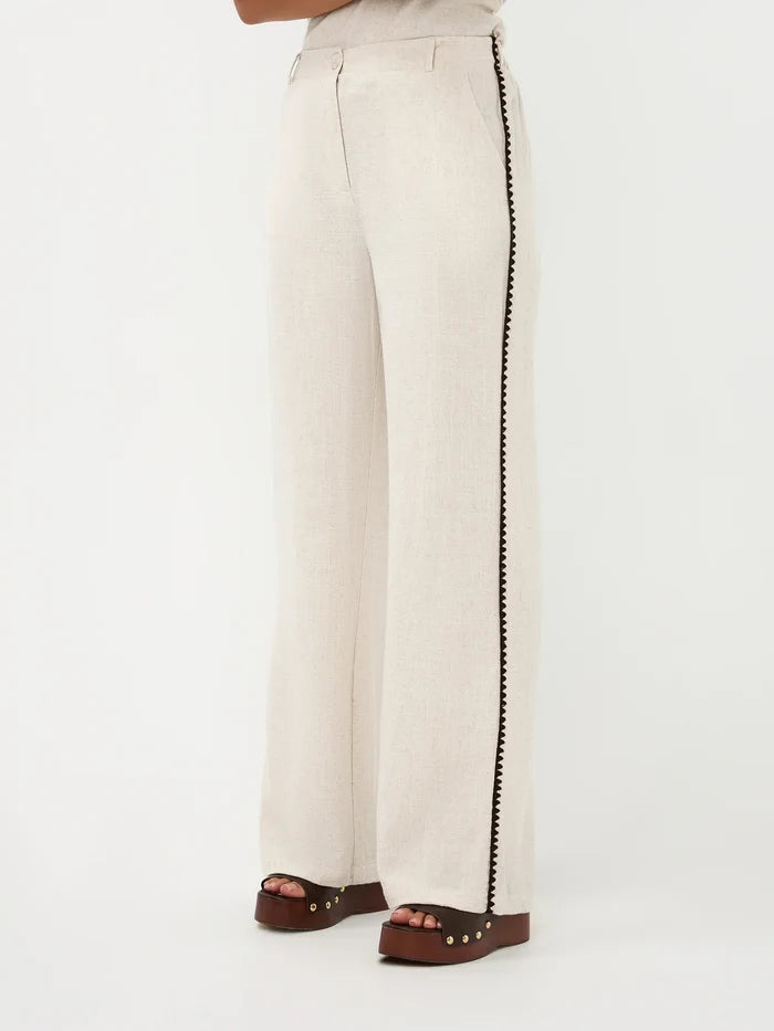 UNICORN Women's Ecru Wide Leg Trousers with Contrasting Crochet Side Trim – Linen Look xs s m l xl