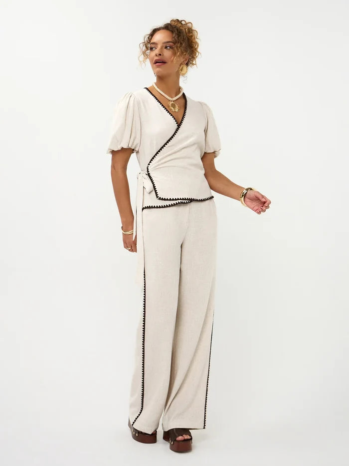 UNICORN Women's Ecru Wide Leg Trousers with Contrasting Crochet Side Trim – Linen Look xs s m l xl