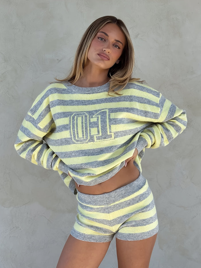 UNICORN Women's Elegant Striped Long Sleeve Top and Shorts Pullover Set s m l xl