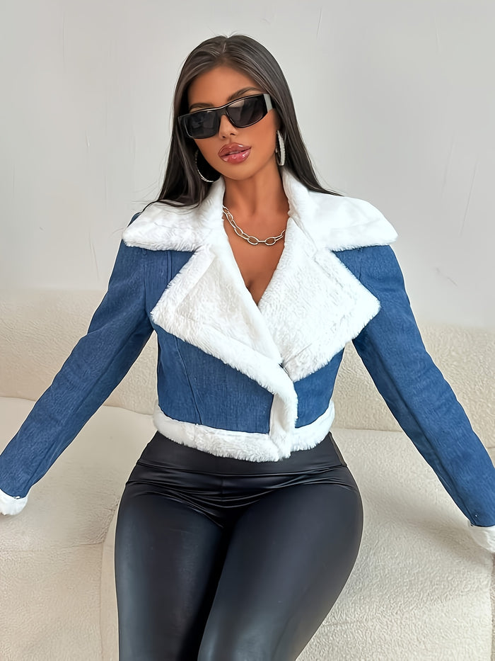 UNICORN Women's Large Denim Patchwork Warm Plush Short Zip-Up Jacket s m l xl xxl