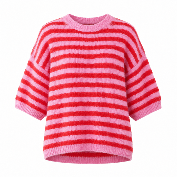 UNICORN Women's Pink & Red Striped Knit Sweater with Short Sleeves s m l xl