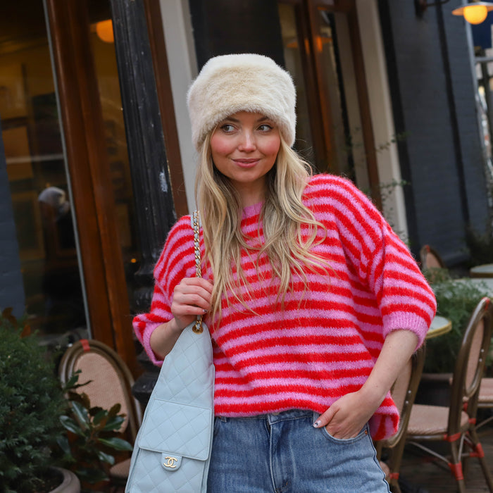 UNICORN Women's Pink & Red Striped Knit Sweater with Short Sleeves s m l xl