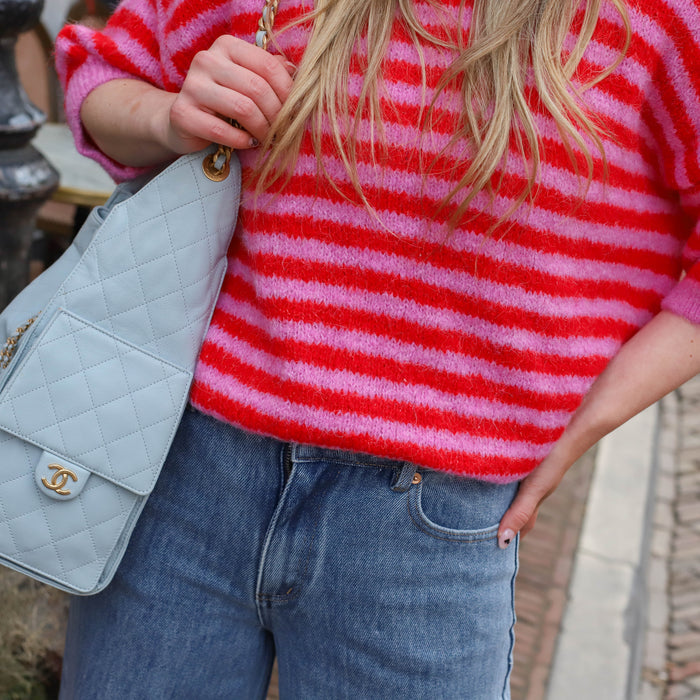 UNICORN Women's Pink & Red Striped Knit Sweater with Short Sleeves s m l xl