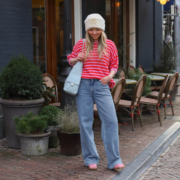 UNICORN Women's Pink & Red Striped Knit Sweater with Short Sleeves s m l xl