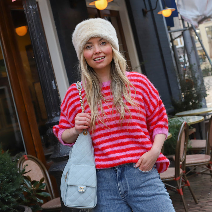 UNICORN Women's Pink & Red Striped Knit Sweater with Short Sleeves s m l xl