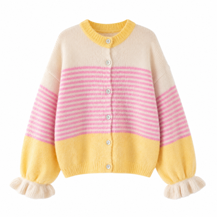 UNICORN Women's Pink Stripe Knit Cardigan with Puff Sleeves s m l xl