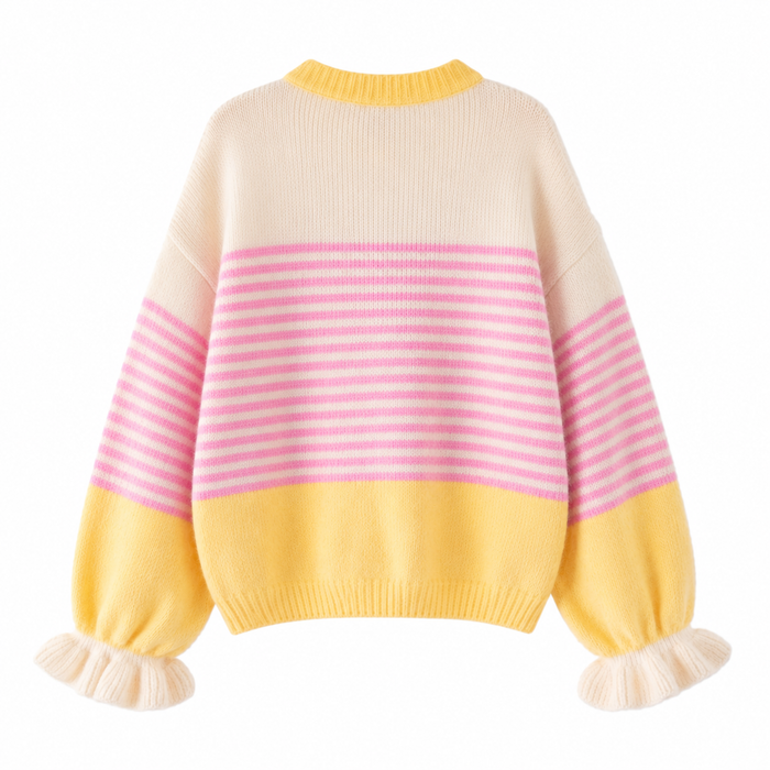 UNICORN Women's Pink Stripe Knit Cardigan with Puff Sleeves s m l xl