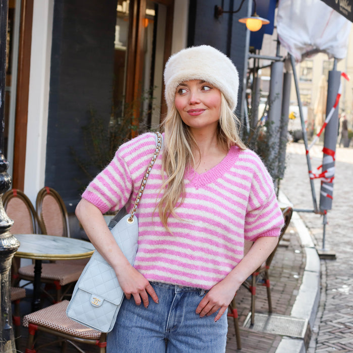 UNICORN Women's Pink & White Striped V-Neck Knit Top s m l xl