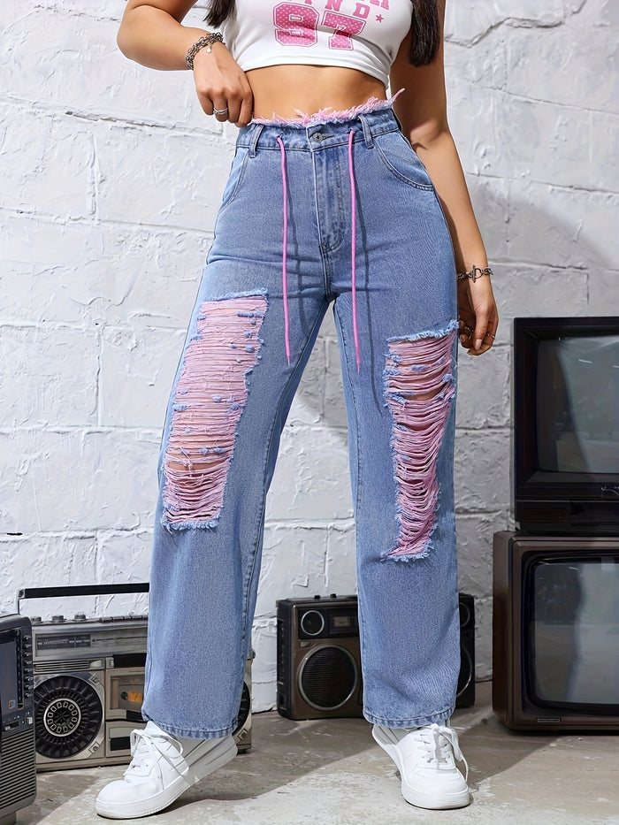 UNICORN Women's Ripped Fashion Jeans with Drawstring Waist xs s m l xl