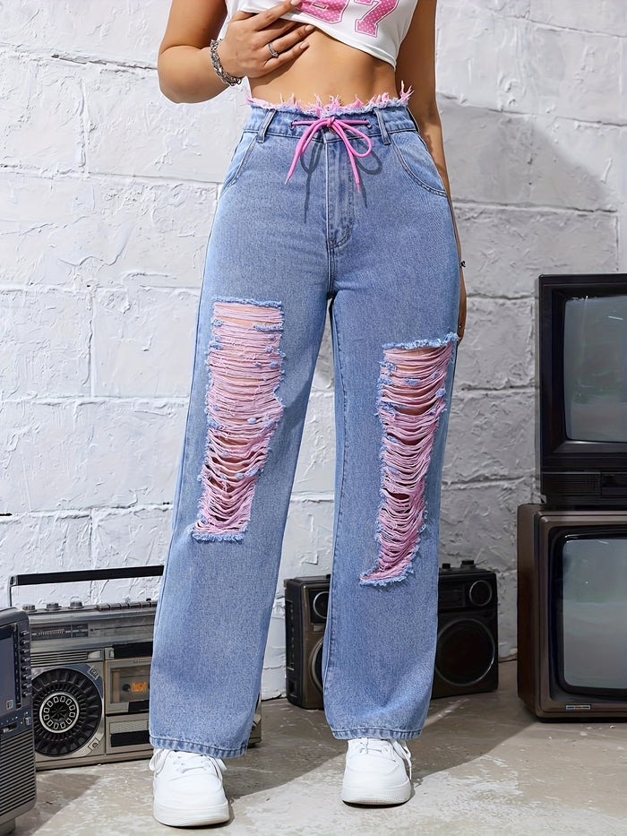UNICORN Women's Ripped Fashion Jeans with Drawstring Waist xs s m l xl