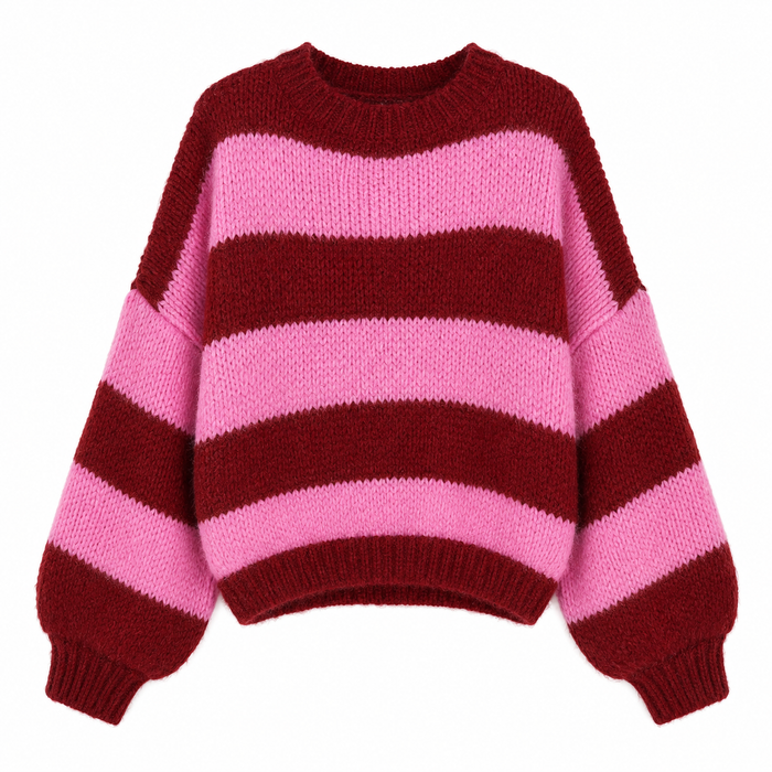 UNICORN Women's Ruby Pink Striped Sweater oversized Knitted Sweater in Pink & Bordeaux s m l xl