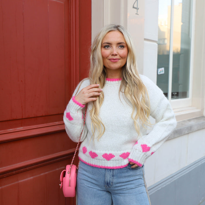 UNICORN Women's Sweet Hearts Knit Sweater White Sweater with Pink Hearts xs s m l xl