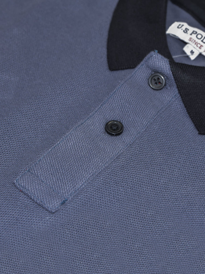 U.S.P.A Stylish Pique Summer Polo For Men-Slate Blue with Black Panel & Red Stripe-RT788