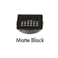 Watertight drain grate in matte black finish, rectangular perforated top
