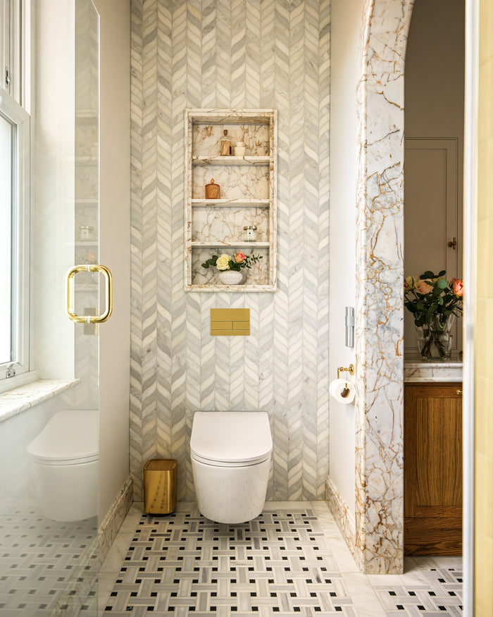 Zen Marble Honed Finish Grand Basket Weave|Bathroom design, installation and photography by Simply Bathrooms (Surrey) Ltd.|zen-marble-honed-leaf-mosaic, ottoman-marble-honed-slab