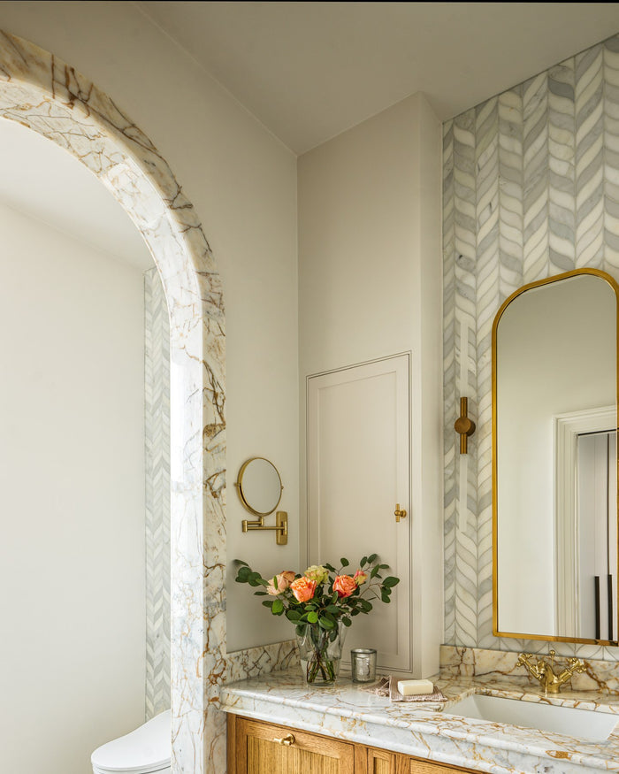 Zen Marble Honed Finish Grand Basket Weave|Bathroom design, installation and photography by Simply Bathrooms (Surrey) Ltd.|ottoman-marble-honed-slab, zen-marble-honed-leaf-mosaic