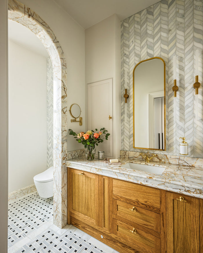 Zen Marble Honed Finish Leaf Mosaic|Bathroom design, installation and photography by Simply Bathrooms (Surrey) Ltd.|ottoman-marble-honed-slab, zen-marble-honed-leaf-mosaic, zen-marble-honed-finish-grand-basket-weave