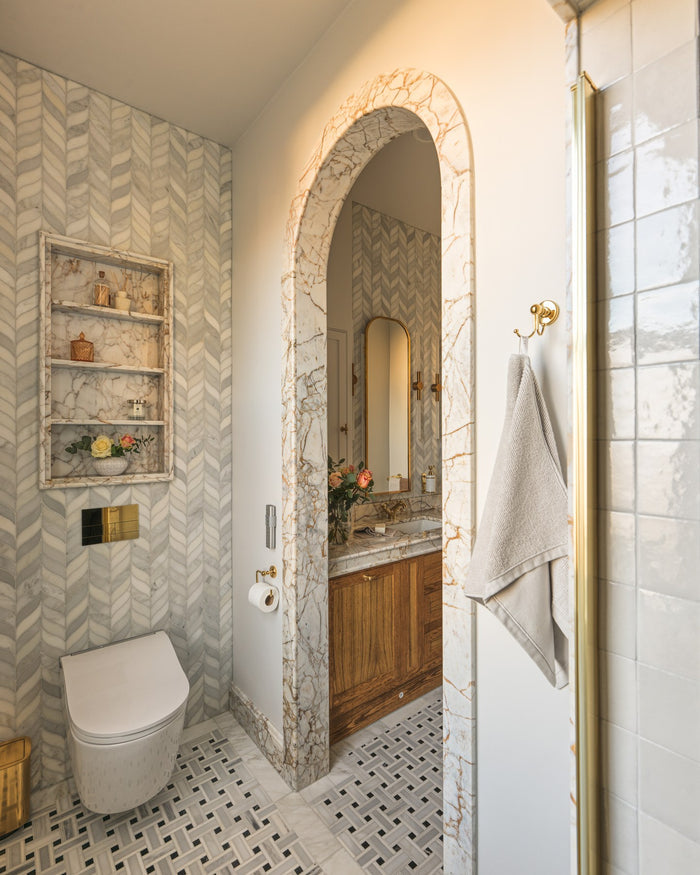 Zen Marble Honed Finish Leaf Mosaic|Bathroom design, installation and photography by Simply Bathrooms (Surrey) Ltd.|zen-marble-honed-finish-grand-basket-weave, ottoman-marble-honed-slab